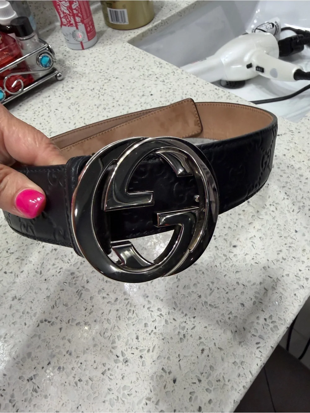 Gucci Black Leather Belt with Silver Double G Buckle
